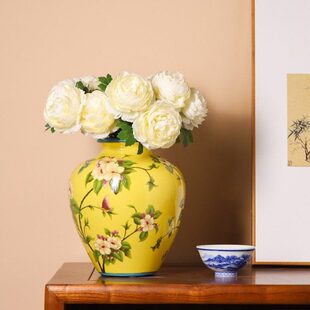 新中式复古陶瓷花瓶家用客厅餐桌鲜花插花干枝器皿装饰黄色摆件
