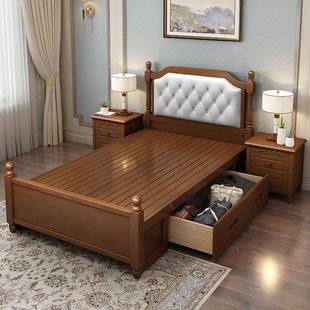 Q全实木美OJX式床.人2/1.*5米单床1儿童1米小户型软包高箱储物床