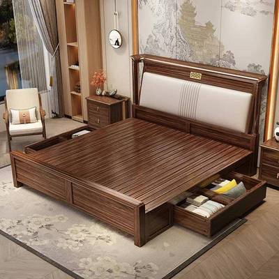新中式软包乌家金木实木床轻箱奢卧1.8米1.5主高储物床家用卧9860