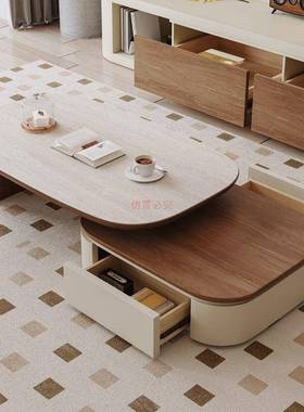 中古风胡桃木圆形茶几小户MOL圆桌电柜客组合视茶几家用厅小型