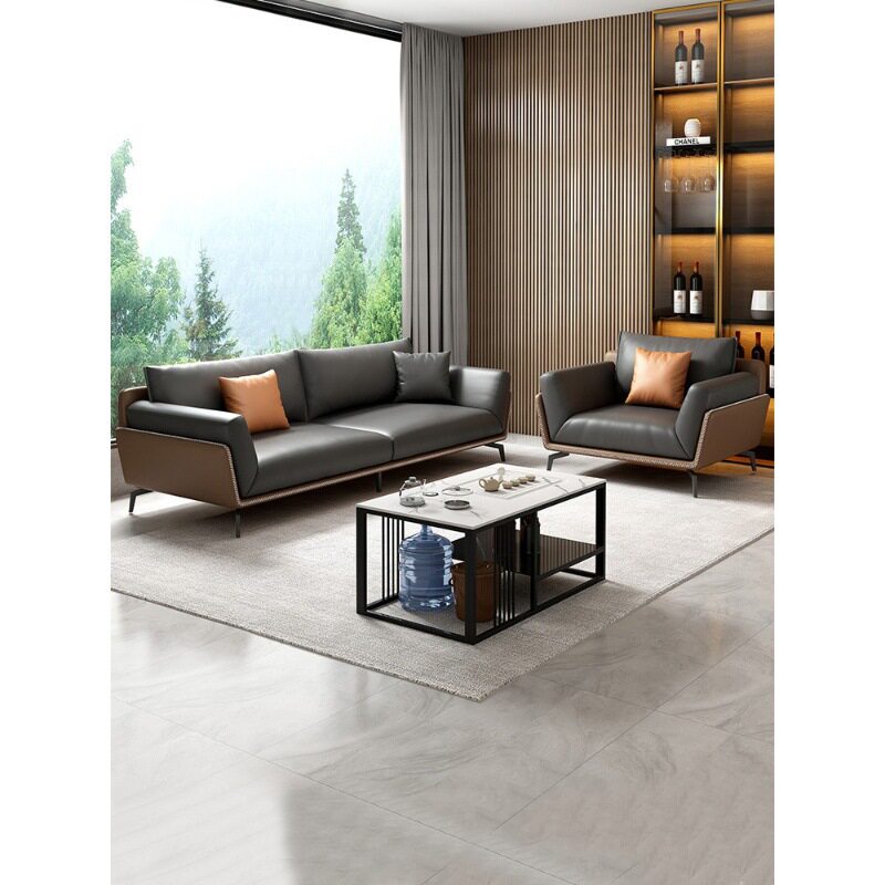 轻奢真皮办公接待沙发茶几套装