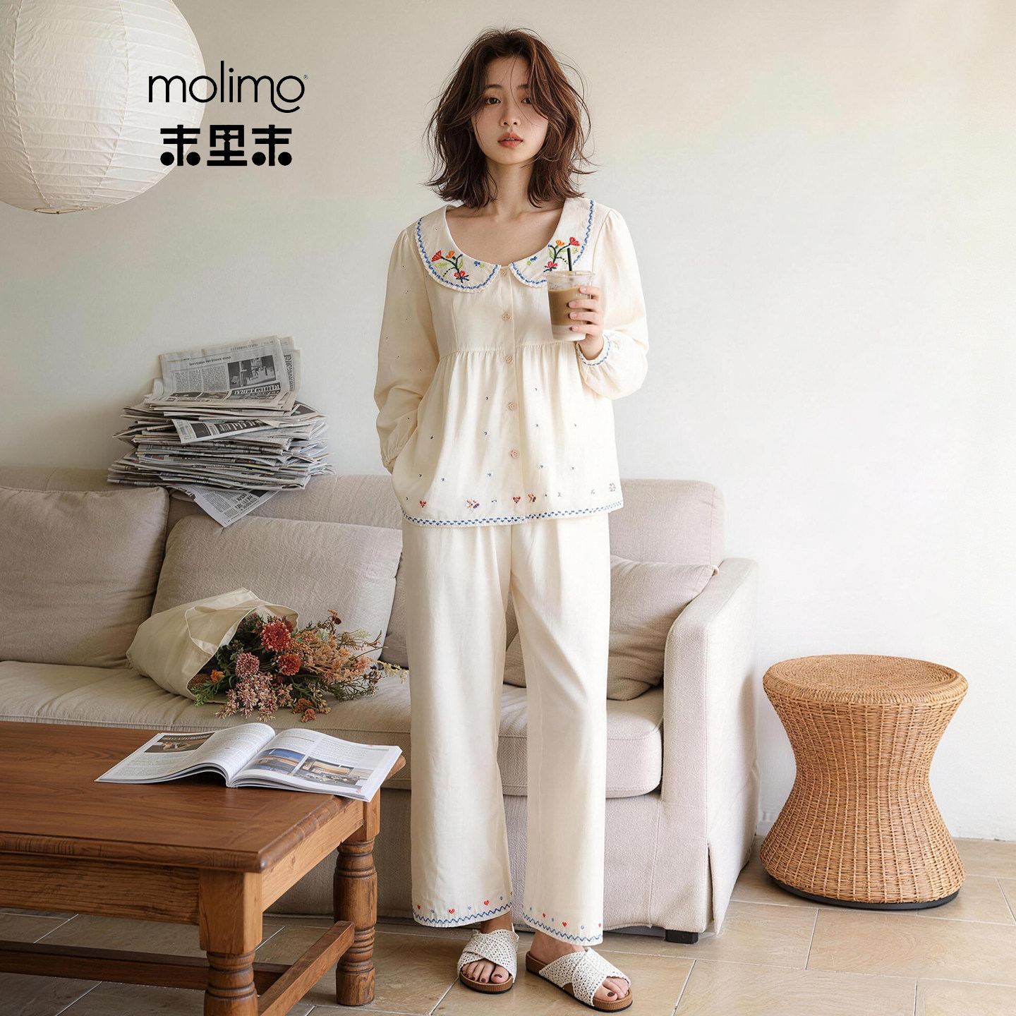 睡衣女春秋季设计感韩版甜美风娃娃领刺绣长袖长裤纯棉家居服套装