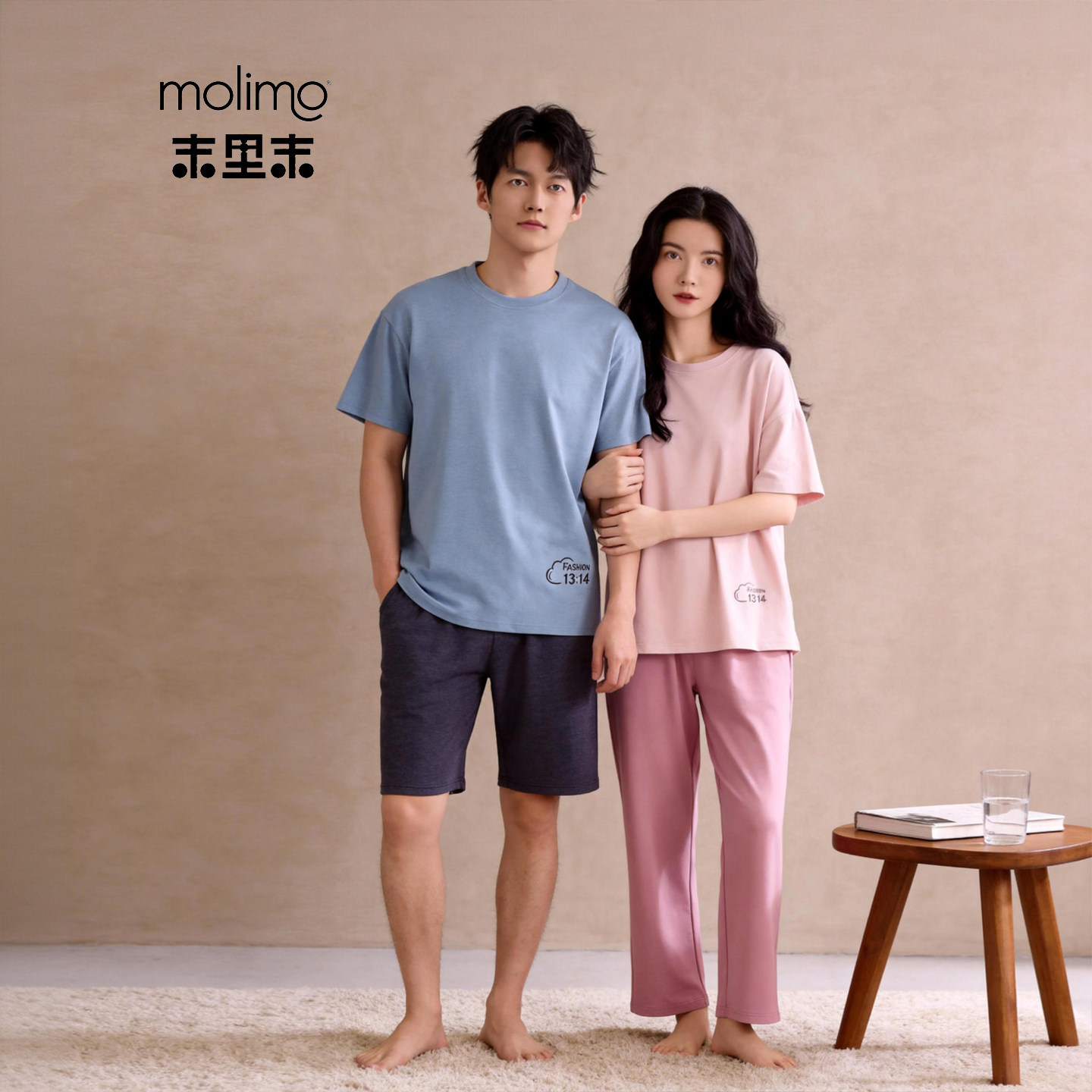 末里末【简约主义】夏季纯色情侣睡衣女宽松短袖2026粉彩风家居服