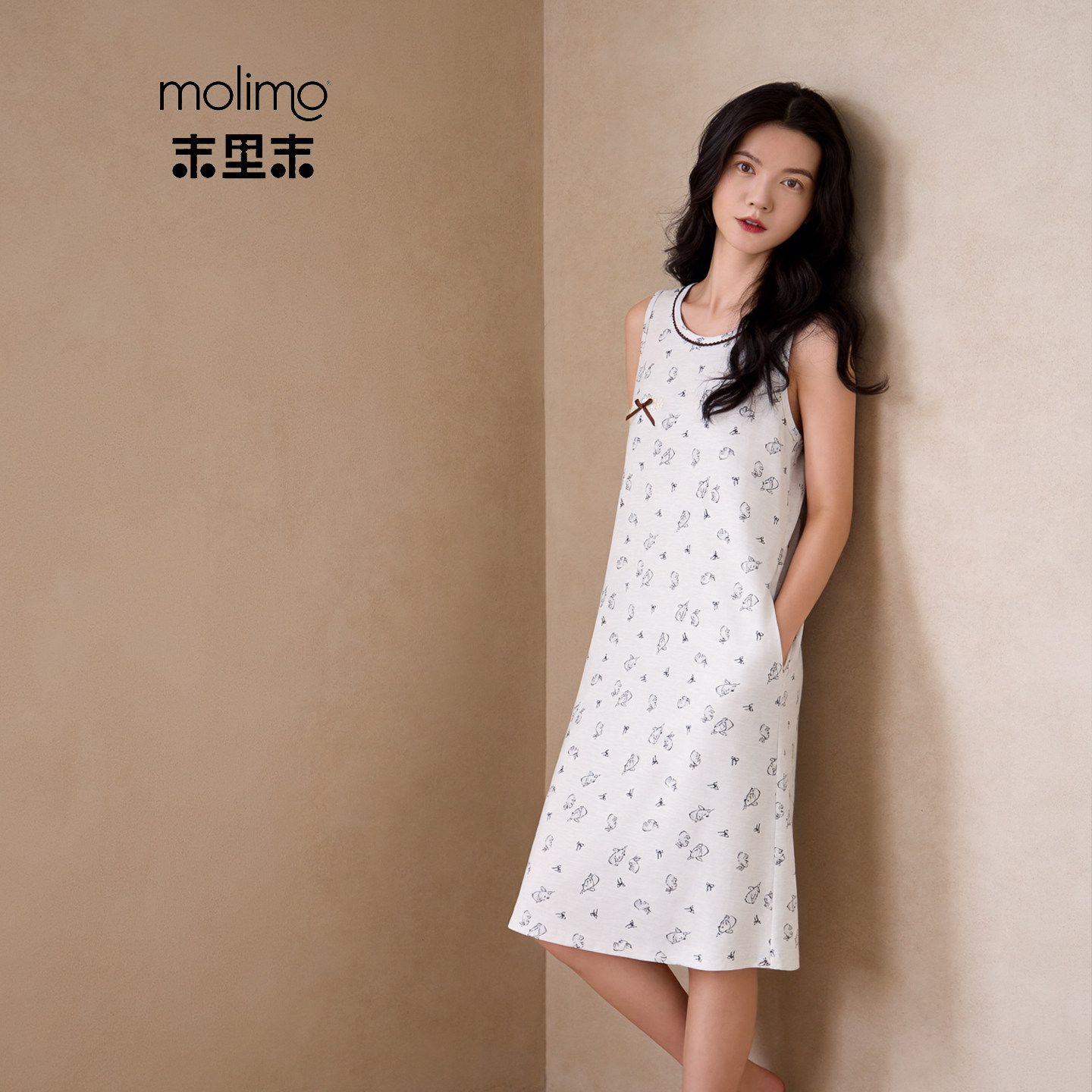 末里末【带胸垫】2026夏季无袖背心圆领睡裙可爱印花连衣裙家居服