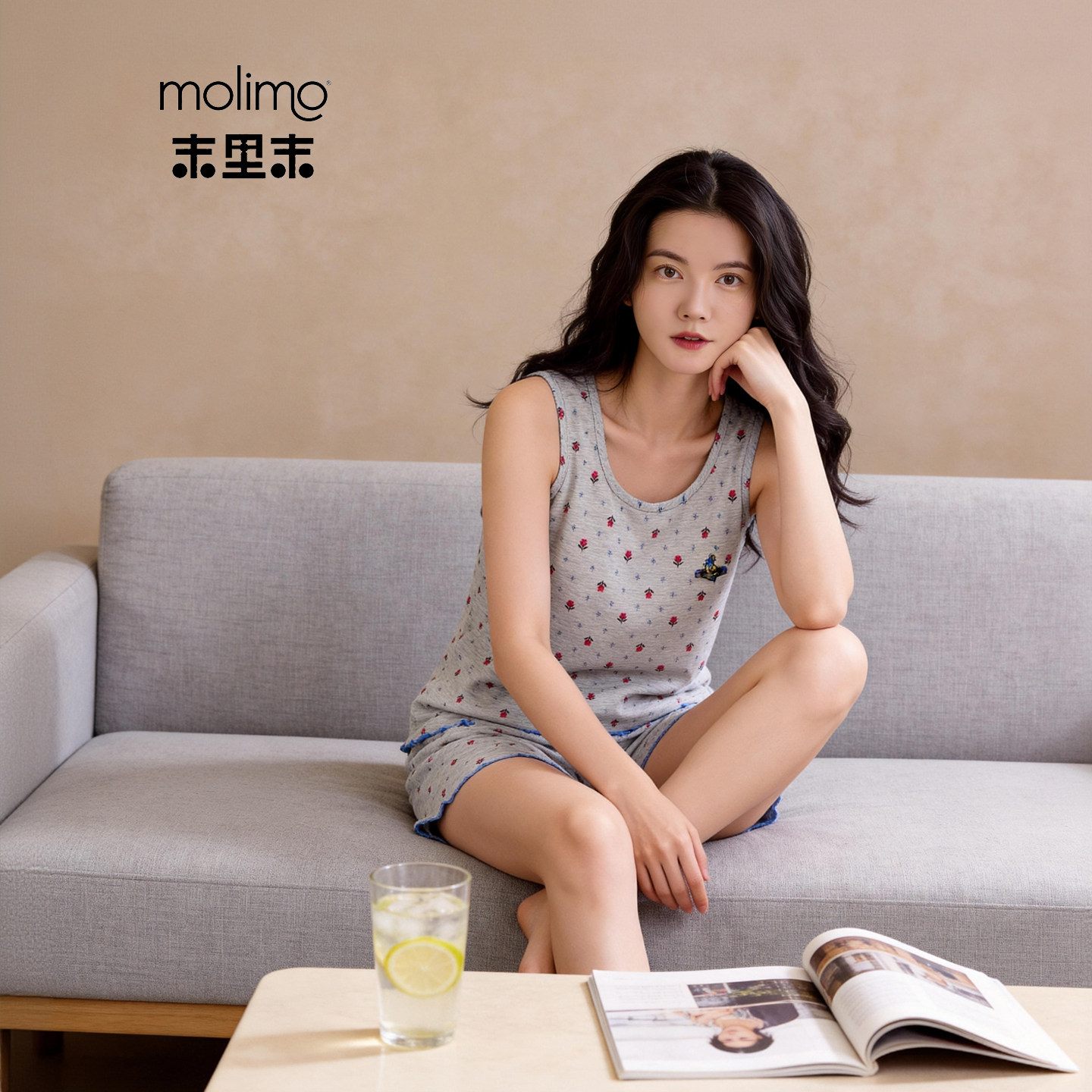 末里末【灰调蔷薇】夏季薄款宽松甜美无袖背心睡衣女士家居服套装