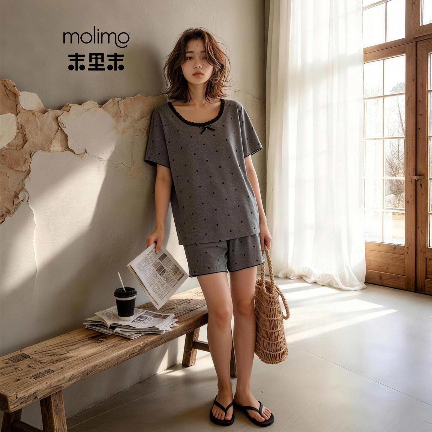 末里末带胸垫甜美波点睡衣夏套装图片
