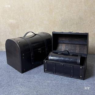 仿古宝式带锁皮革木箱中做旧t$*&j#lo黑色百宝纳箱家箱居收拍摄装