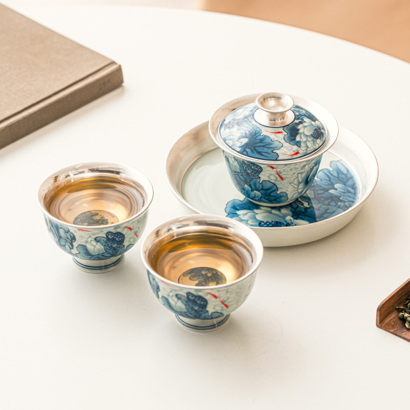 厂家鎏银鱼戏青荷三才盖碗茶具套装防烫功夫泡茶碗单个高档敬茶碗