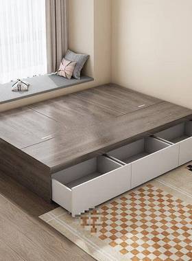 实木床床现代简床约双人无床头床储物地台榻LJK榻米人床柜单一体