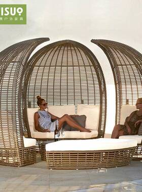 躺户外藤编床FEQ度假设酒店露天师计创意鸟巢沙发庭院带纱遮阳躺