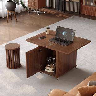 实餐木茶边几胡桃木推车边柜可移CLX06 柜动水带凳子小茶几沙发边