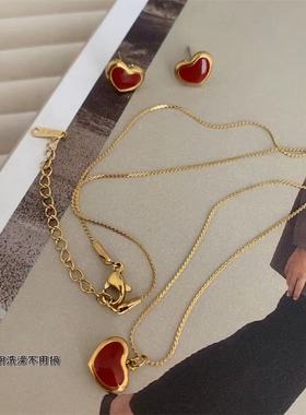 红色爱心钛钢项链女气质高级感小红心锁骨链桃心吊坠女耳环套装