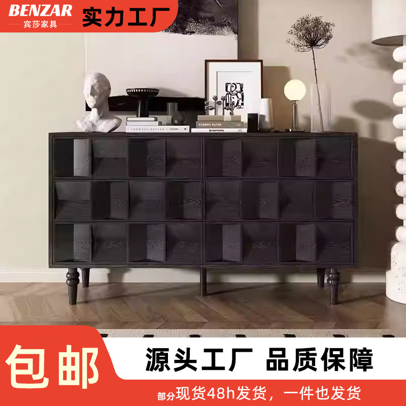 中古风实木厨房餐边柜黑色现代简约玄关柜装饰客厅靠墙一体储物柜