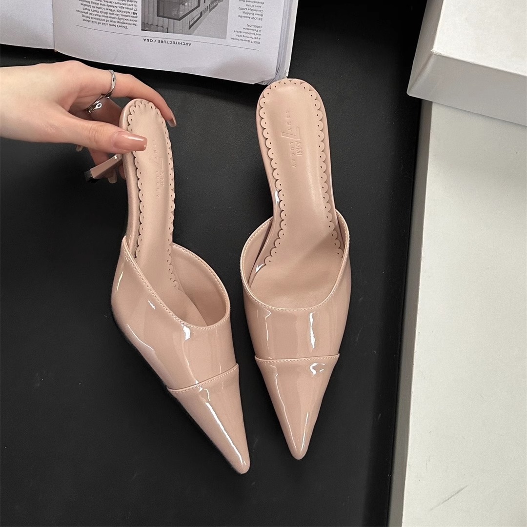 裸门永存！裸色尖头高跟鞋女春季浅口后空漆皮穆勒鞋