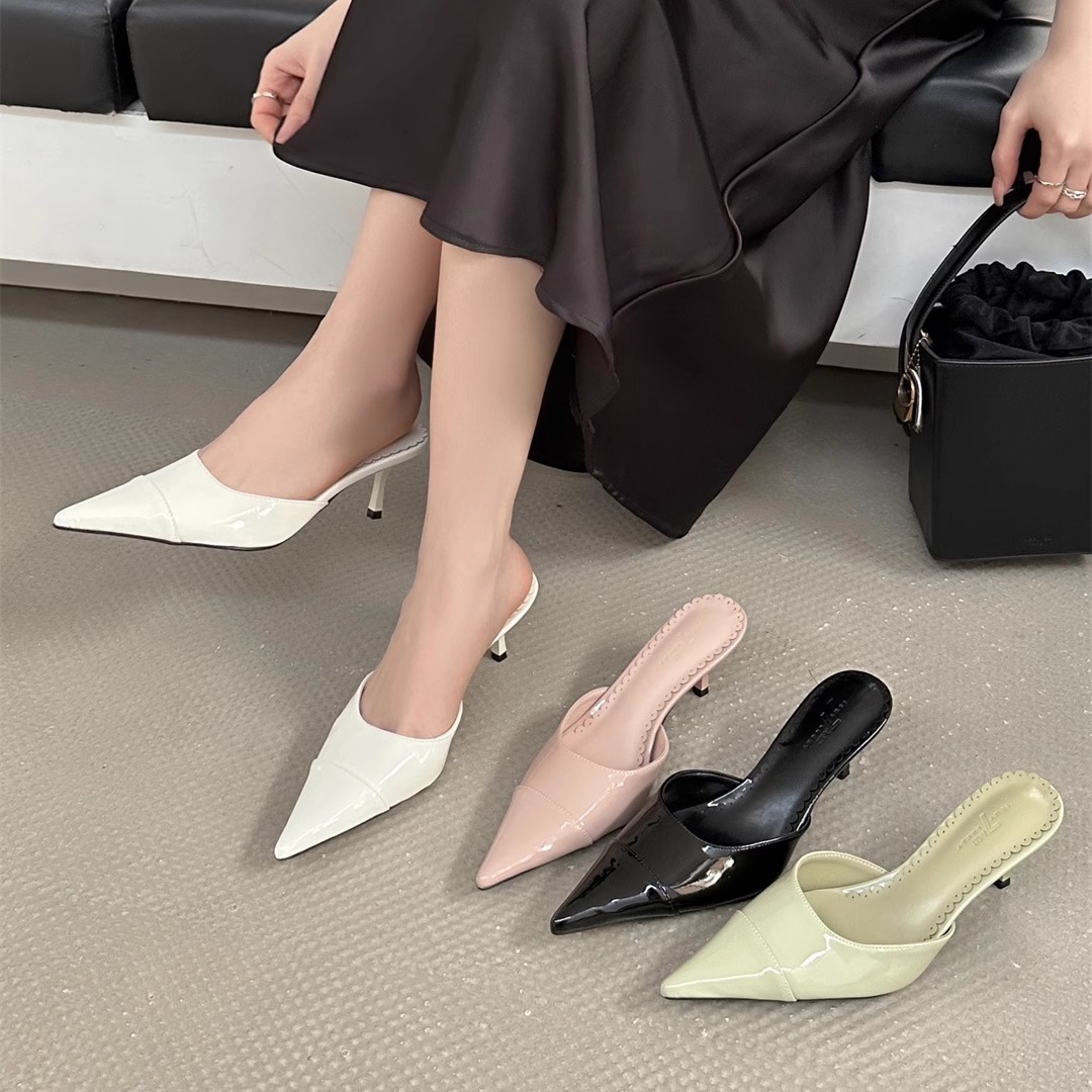 裸门永存！裸色尖头高跟鞋女春季浅口后空漆皮穆勒鞋