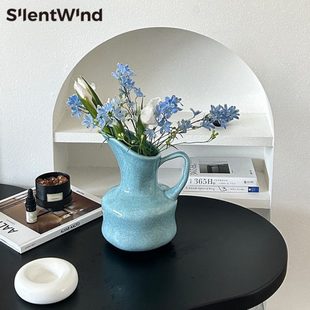 SilentWind寂风韩风清新蓝色提壶花瓶陶瓷插干鲜花器家居桌面摆件