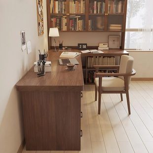 定制实木书房书桌带书柜书架一体转角L型桌子卧室家用拐角学习桌