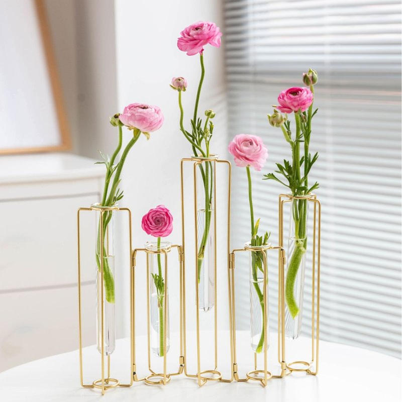 铁艺玻璃花瓶插花摆件创意储水花瓶样板房间摆件客厅餐桌软装饰品