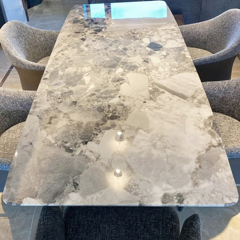 纯天然大理石长方形餐台家用高端奢石奥利奥灰进口高级轻奢餐桌椅