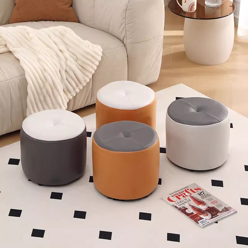 厂家直销家用门口换鞋凳客厅沙发脚踏凳皮革实木小凳子圆形小墩子