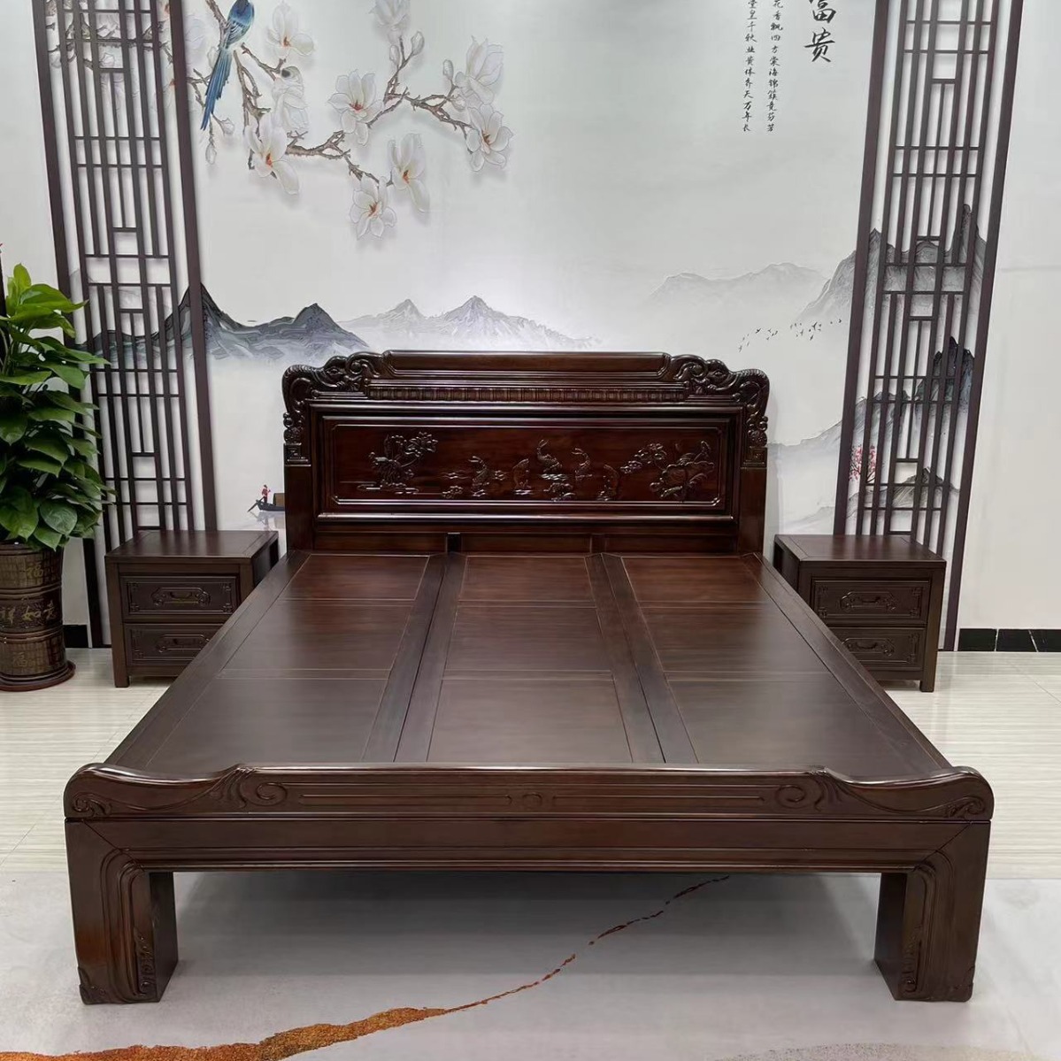南美紫檀木全实木主卧大床双人床1米8榫卯雕花古典中式婚床大床