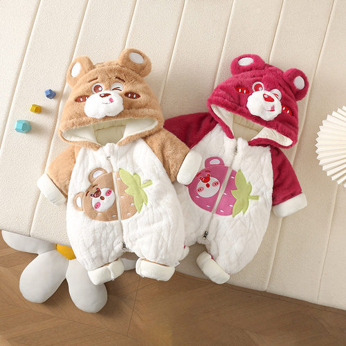 冬季宝宝加绒加厚带帽外出保暖爬服草莓熊兔毛棉哈衣温馨