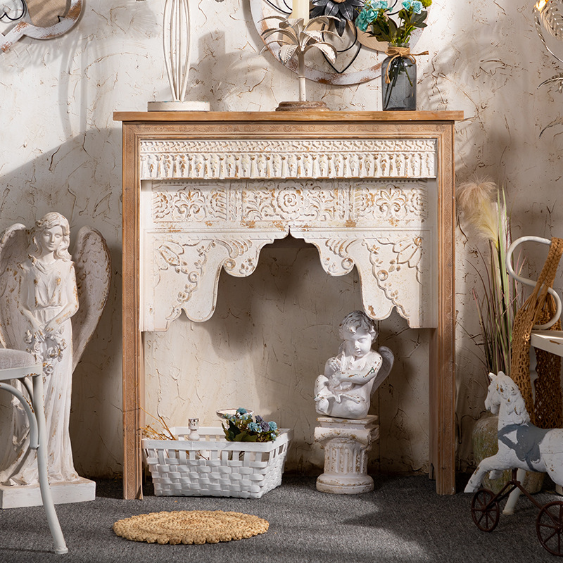 美式复古实木客厅壁炉装饰柜欧式别墅雕花案台民宿简约置物壁炉架