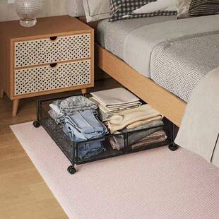 可折叠铁艺带轮床底收纳箱收纳车带衣物书本玩具床底缝隙置物架