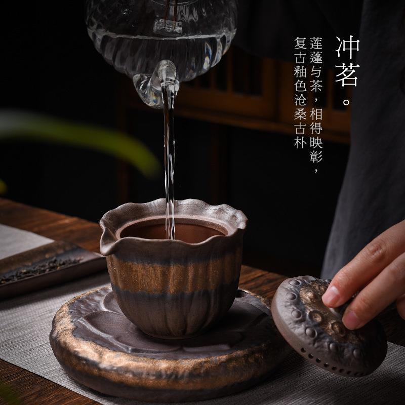 德玉堂粗陶复古鎏金手抓壶日式纯手工茶壶家用分茶器带壶垫茶组
