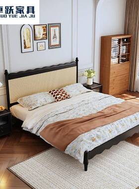 法式复古风黑色1.8米双人储物主卧婚床小法式中古名宿藤编实木床