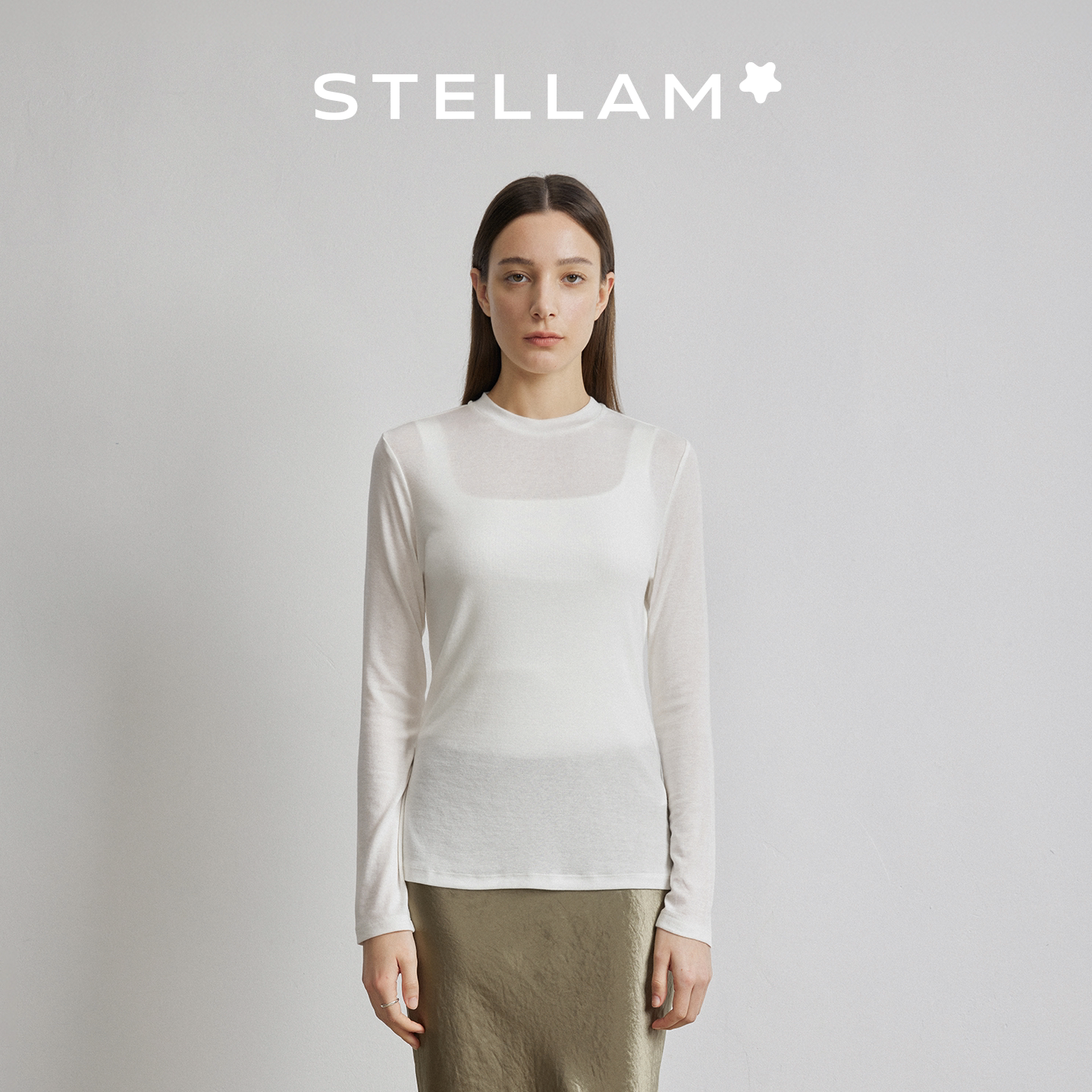 STELLAM女装EMMA 羊毛天丝针织衫圆领长袖上衣内搭t恤打底上衣