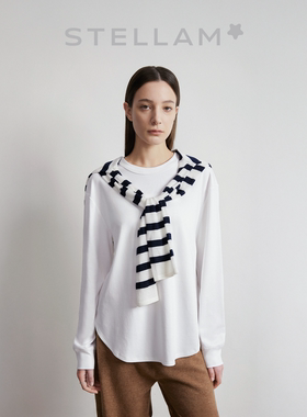 STELLAM女装100%匹马棉长袖T恤女极简前短后长宽松打底上衣