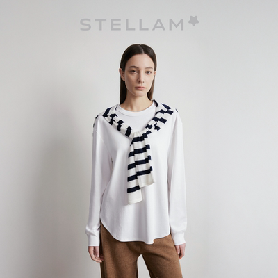 STELLAM女装100%匹马棉长袖T恤女极简前短后长宽松打底上衣