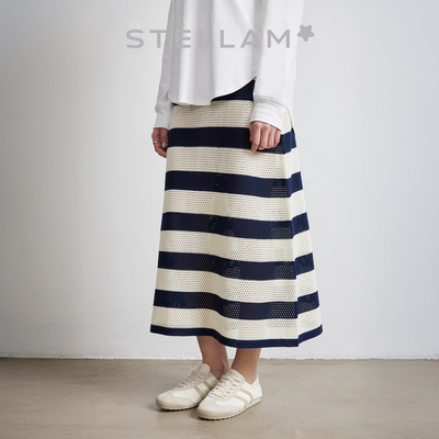 STELLAM|棉质镂空条纹半身裙女极简优雅气质中长针织裙-MEADOW