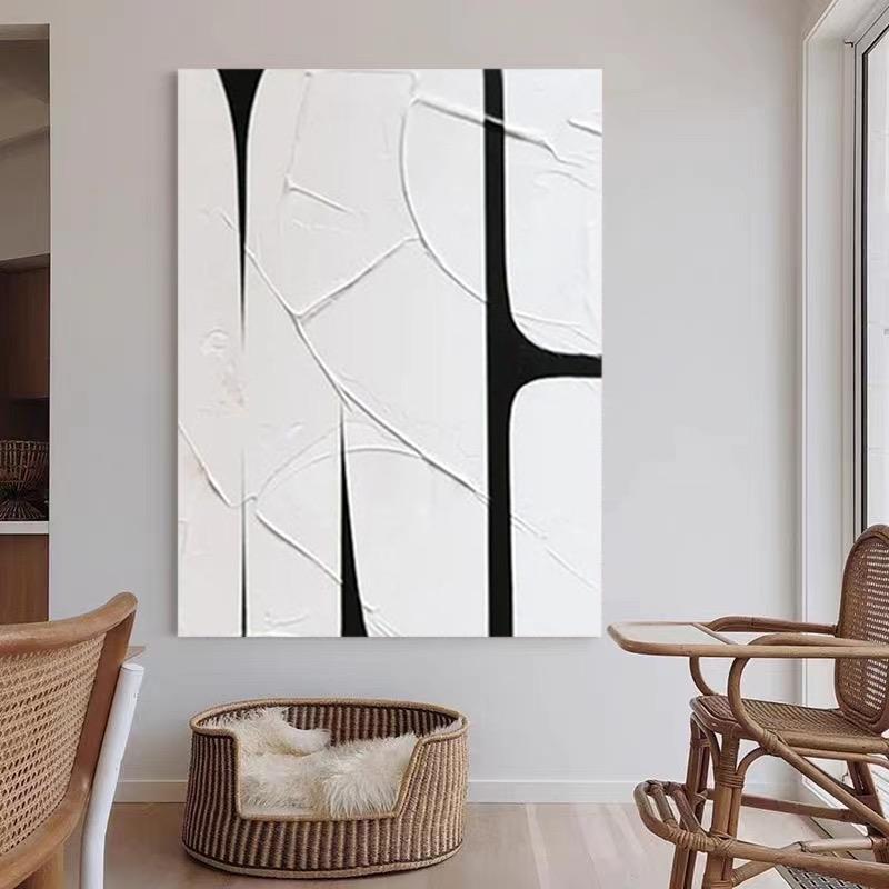 纯手绘黑白三联肌理油画客厅餐厅装饰画简约现代抽象玄关立体挂画