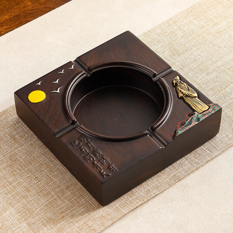 黑檀实木中式大号带盖木质欧式创意个性烟灰缸潮流客厅家用防飞灰