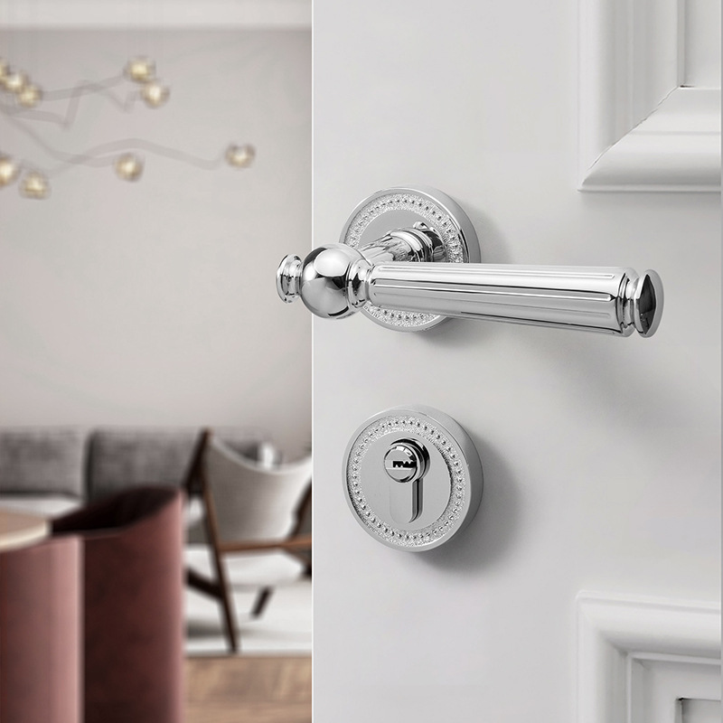 法式亮银色分体室内轻奢北欧门把手套装简约复古卧室磁吸静音门锁