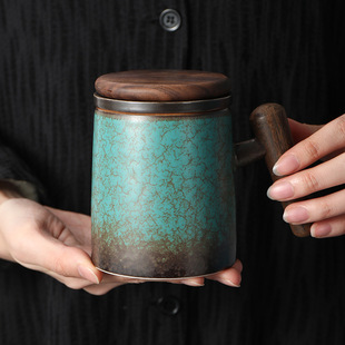 祖母绿 木把陶瓷马克杯粗陶窑变办公室大容量过滤茶水分离泡茶杯