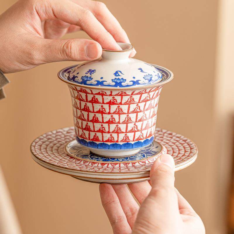 仿宋汝窑莲花万佛三才盖碗茶碗带盖单个喝茶杯陶瓷功夫泡茶具,收纳整理,烫衣板及配件,淘宝优惠券,粉丝福利购,淘宝优惠卷