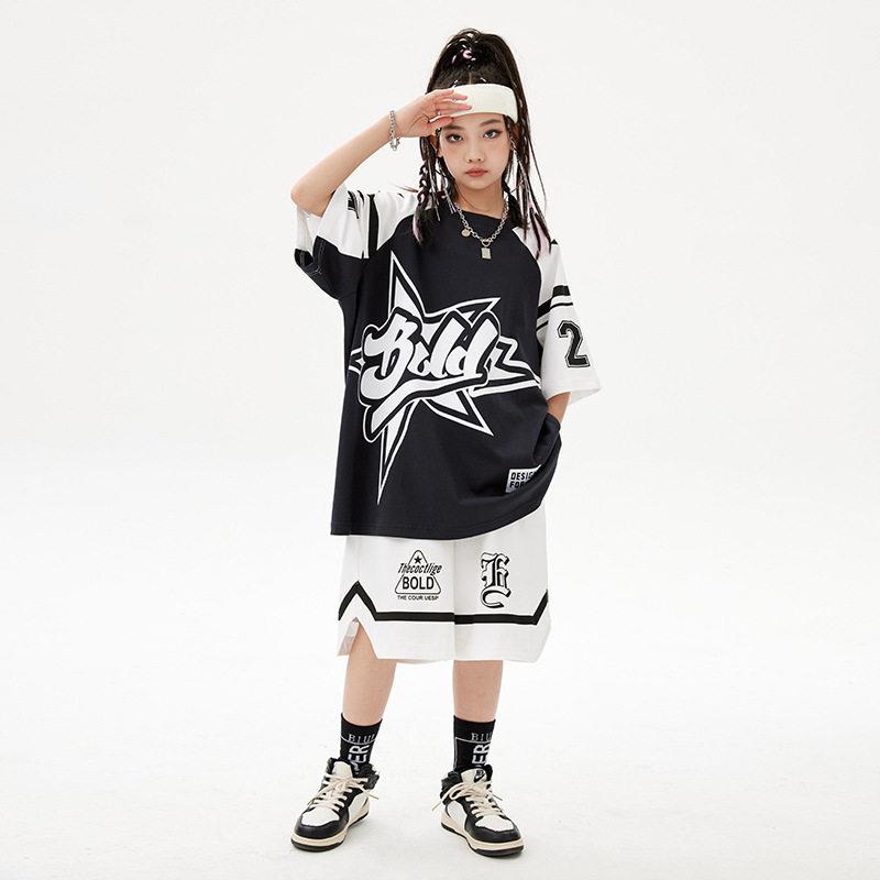 童街舞潮服酷帅童儿套白拼色短袖装嘻哈少儿hip黑hop女童ll-23763