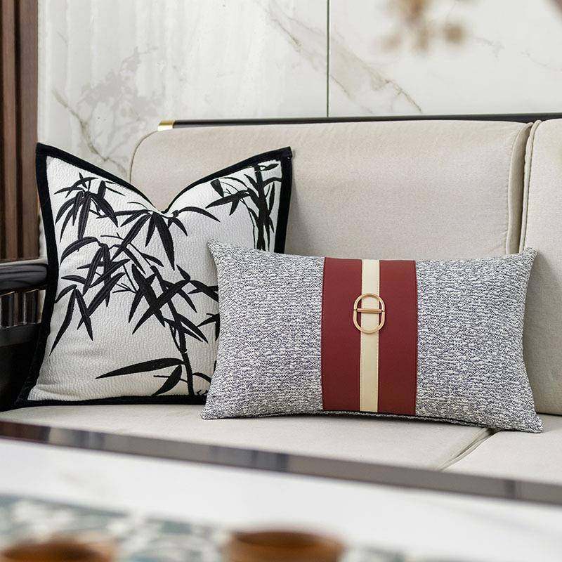 新中式叶刺绣抱枕套客厅沙发国风垫高套样板竹间酒店软靠装OWU端