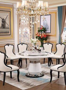 天然大白理石餐椅组合现简约圆形6人8黑桌欧式带转代盘小户型QKA