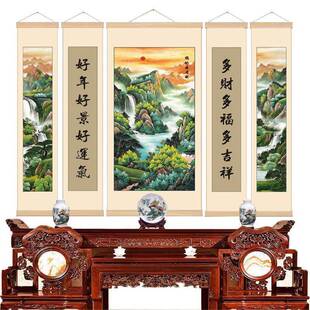 农挂村中堂画卷轴厅堂屋山水木画OBA客中式装饰画五联字画实布衣