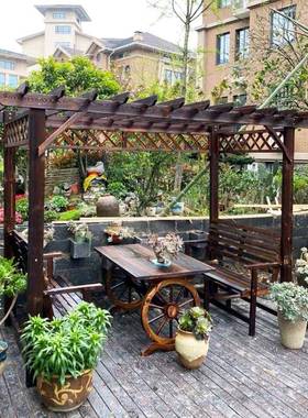 户外ZG-55830庭院家腐木木屋凉亭葡萄架阳台花园休闲桌椅碳具化防