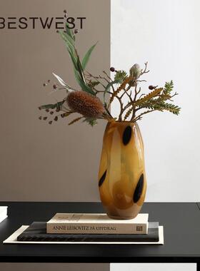 博西家居中古棕黑色点椭形玻璃圆花瓶居设软波装饰家JAP品水培花