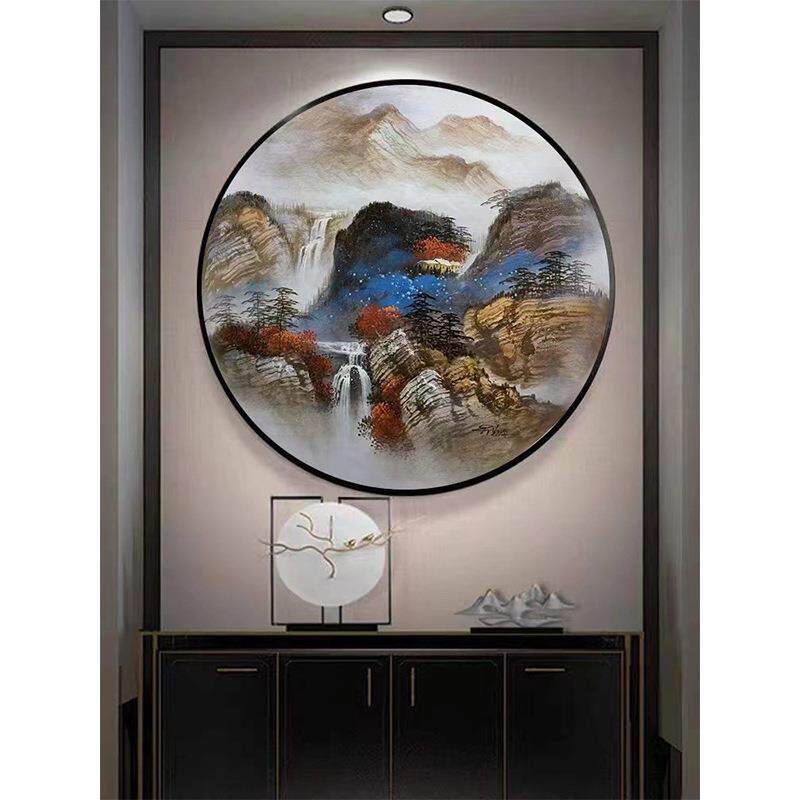 手油画12660中式山水画客厅玄装绘饰画新简约餐厅圆形壁画关柜台