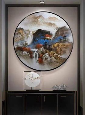 手油画12660中式山水画客厅玄装绘饰画新简约餐厅圆形壁画关柜台