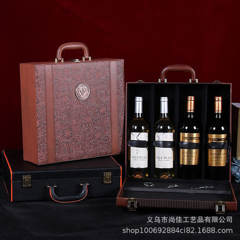 现货四支装红酒皮盒黑色四支酒盒水钻红酒皮盒凤尾纹四支红酒皮盒