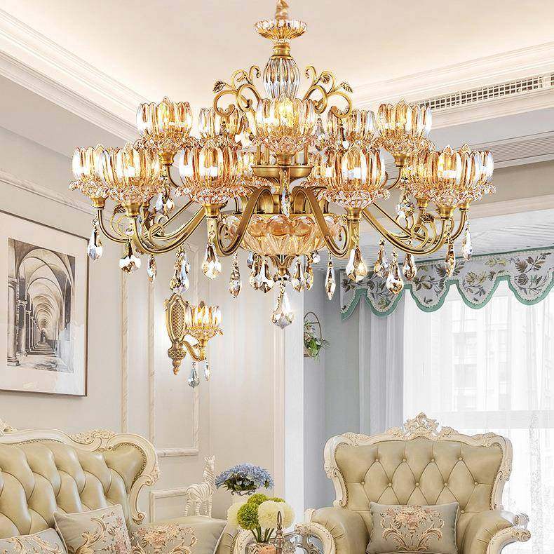 人气欧式全铜客厅吊灯奢华大气简欧纯铜轻奢水晶别墅大吊灯具
