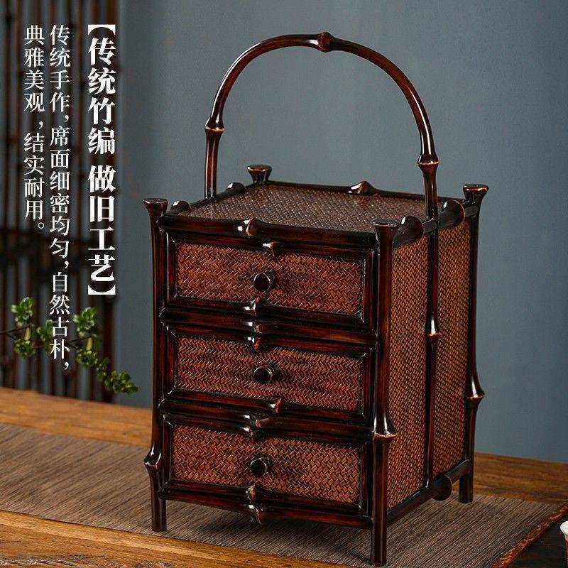 紫竹茶棚桌面明式茶柜茶具收纳柜带抽屉竹编提盒筇竹家具